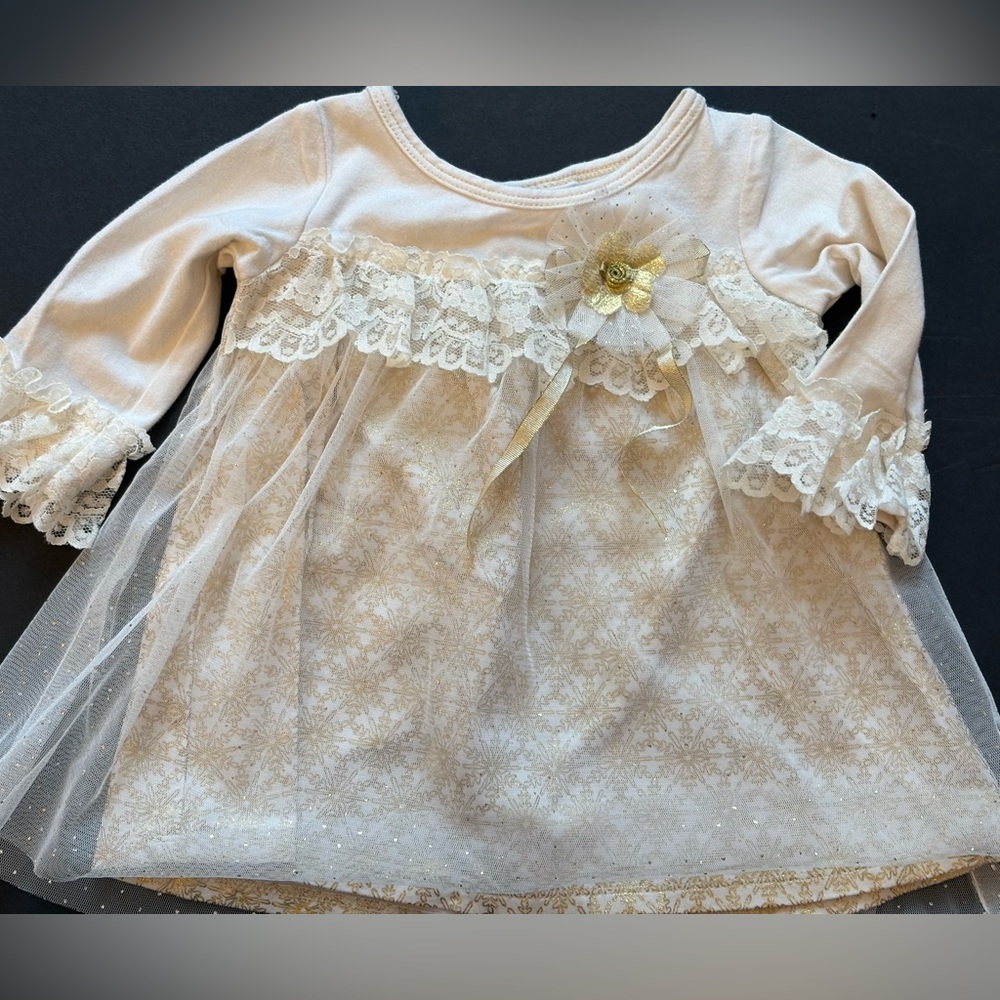 1 piece Elegant Cream and Gold Lace Baby Dress 6-9 months